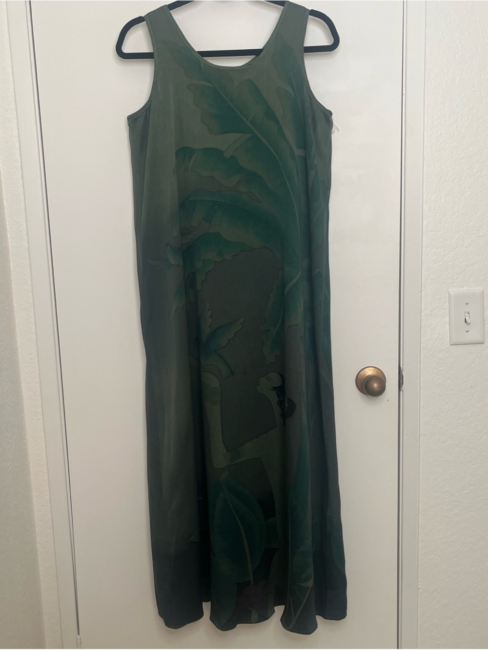 Citron 100% Silk Maxi Dress Size Medium Green Geisha Bird Pattern Made In U.S.A
